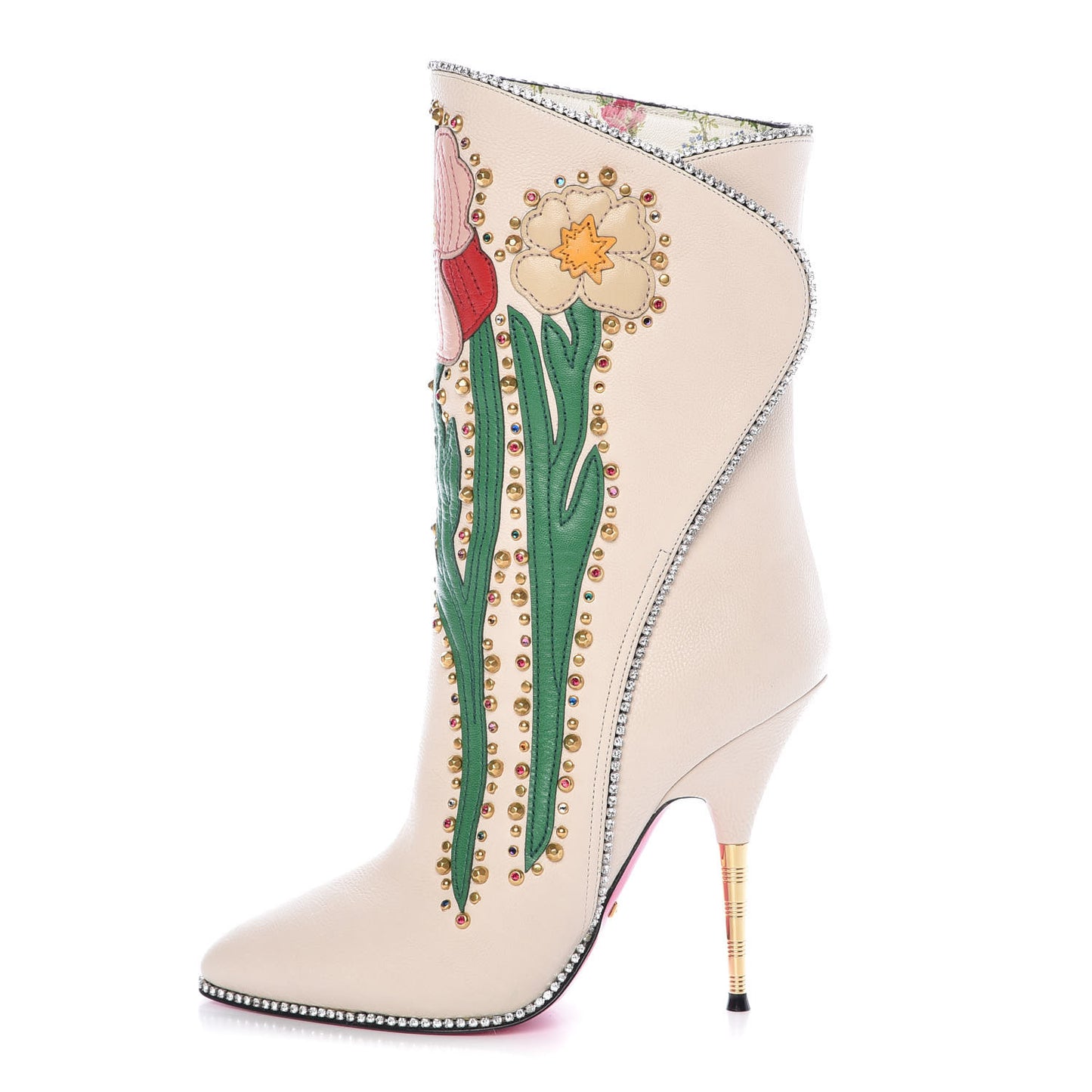 Calfskin Floral Crystal Embroidered Fosca Boots 36.5 Mystic White