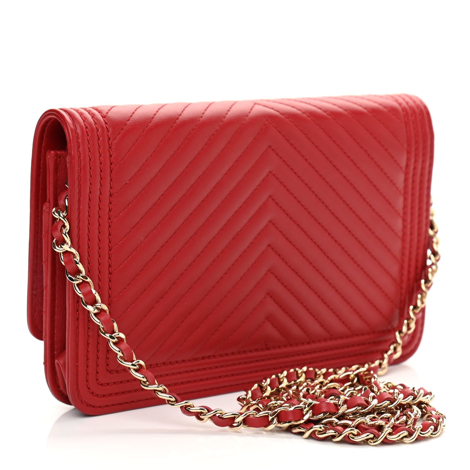 Chanel Calfskin Chevron Quilted Boy Wallet On Chain WOC Red 3 of 12