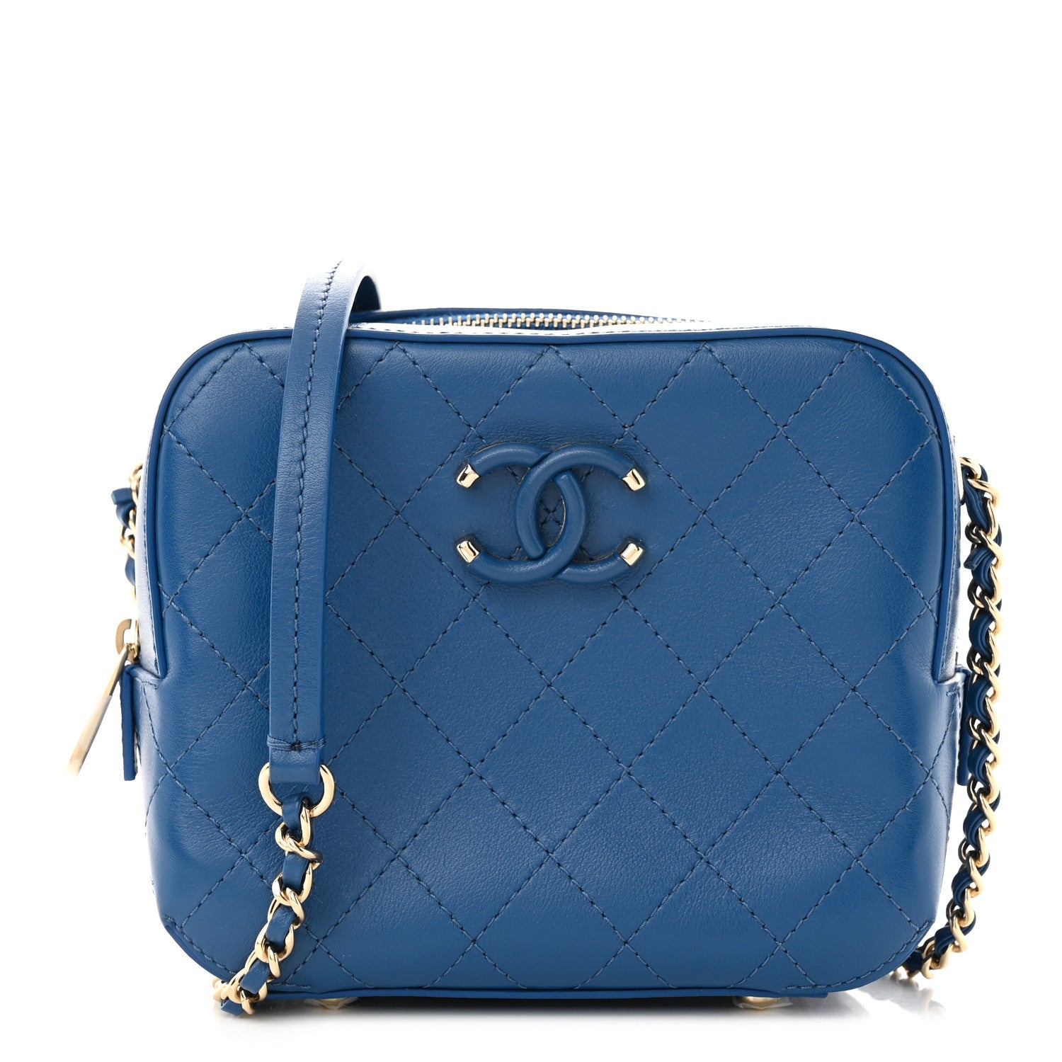 Chanel Calfskin Stitched Enamel CC Camera Case Bag Blue 1 of 10