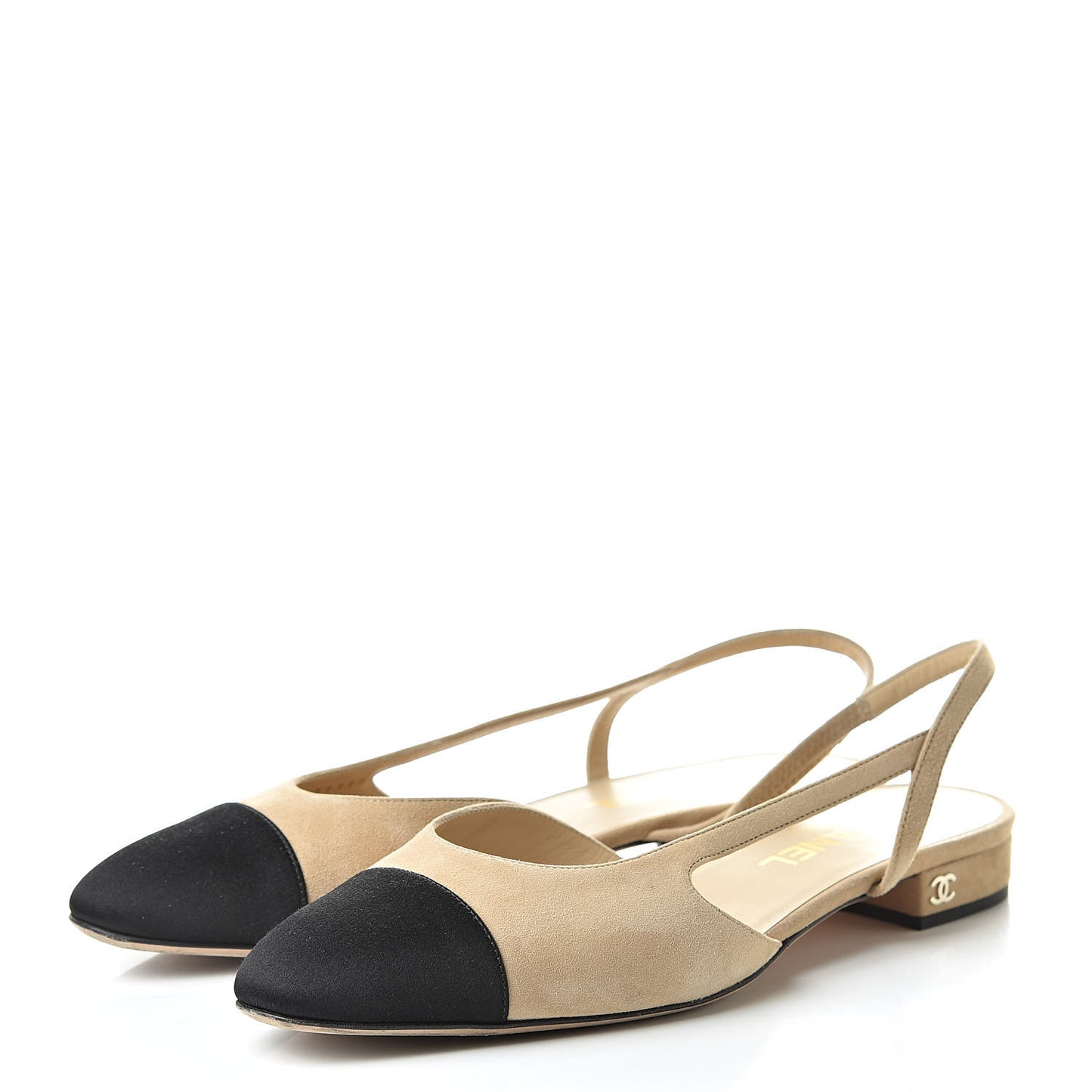 Kid Suede Satin Cap Toe CC Slingback Pumps 39 Beige Black