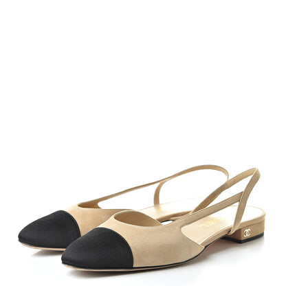 Chanel Kid Suede Satin Cap Toe CC Slingback Pumps 39 Beige Black 3 of 11