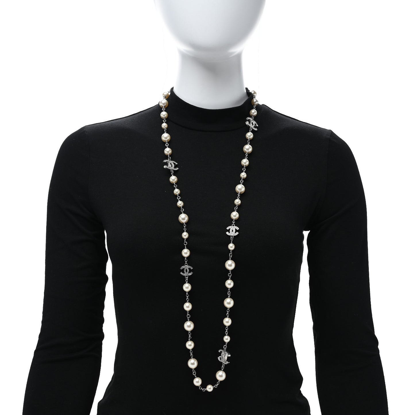 Graduated Pearl Crystal CC Long Necklace Silver