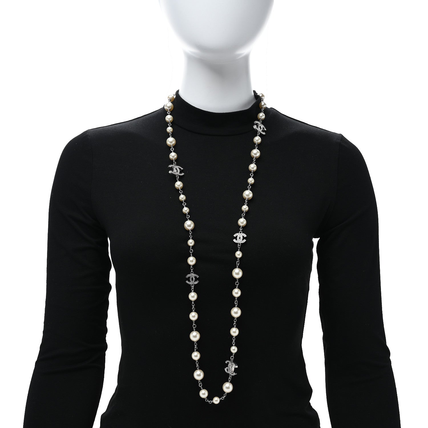 Chanel Graduated Pearl Crystal CC Long Necklace Silver 3 of 6