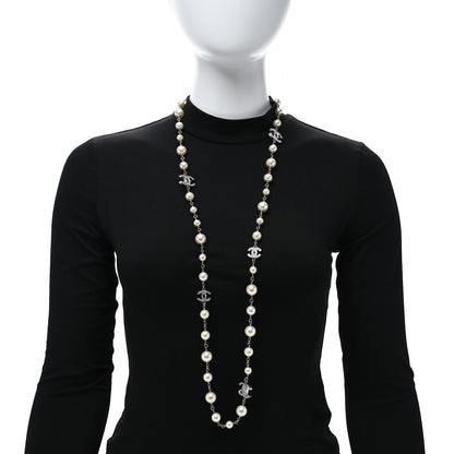 Chanel Graduated Pearl Crystal CC Long Necklace Silver 3 of 6