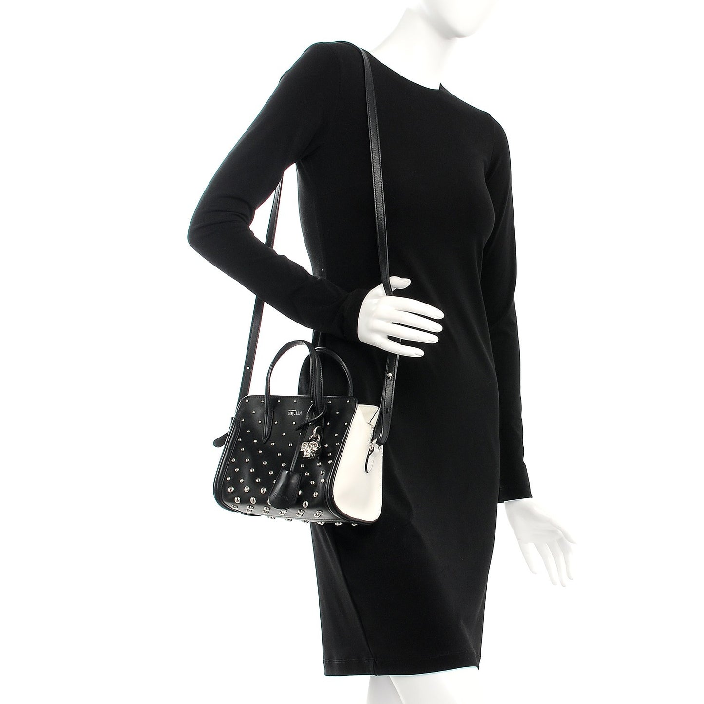 Calfskin Studded Small Padlock Tote Black White