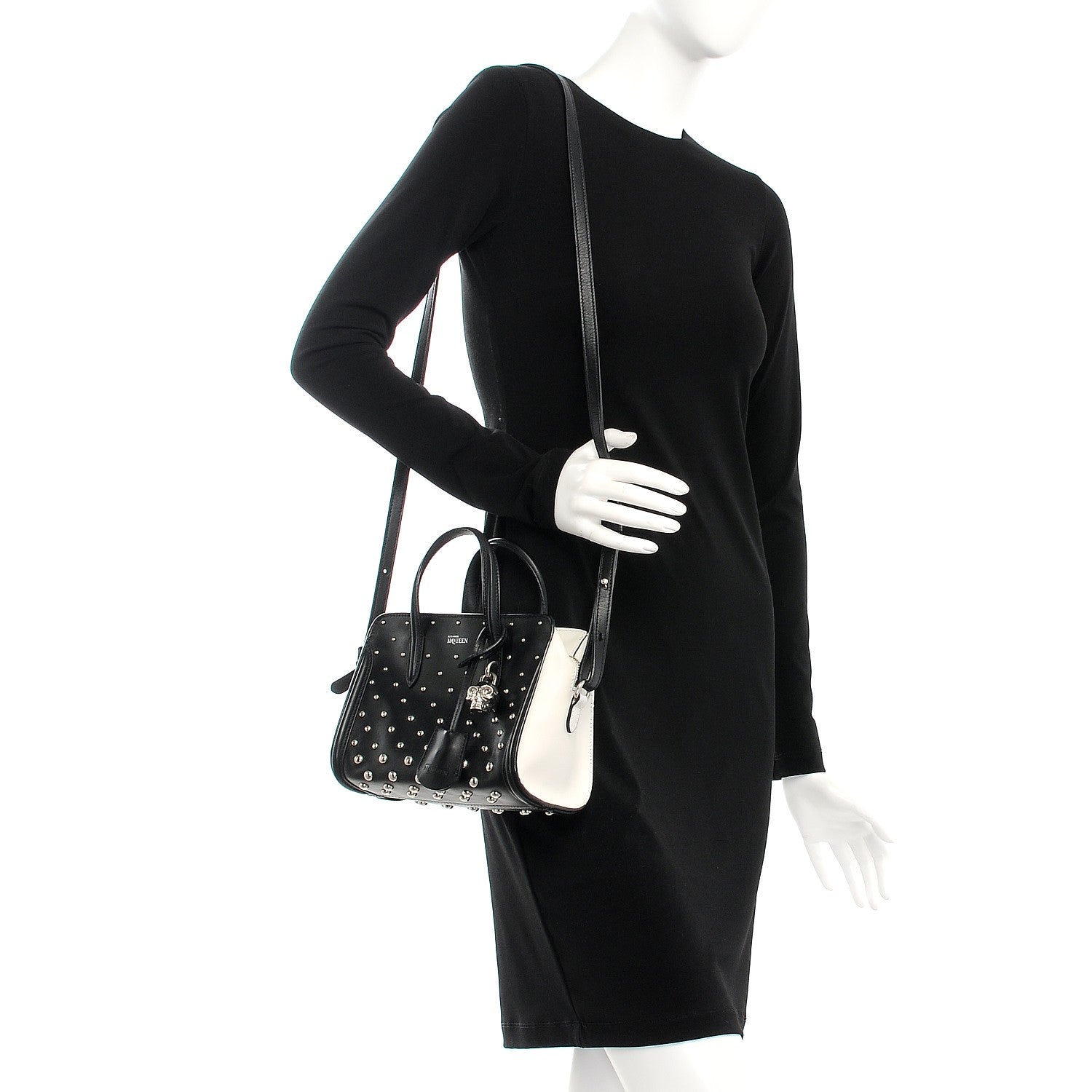 Alexander McQueen Calfskin Studded Small Padlock Tote Black White 2 of 9