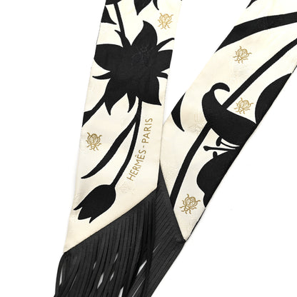 Hermes Silk Calfskin Bouquet Final Fringed Twilly Creme Black 2 of 5