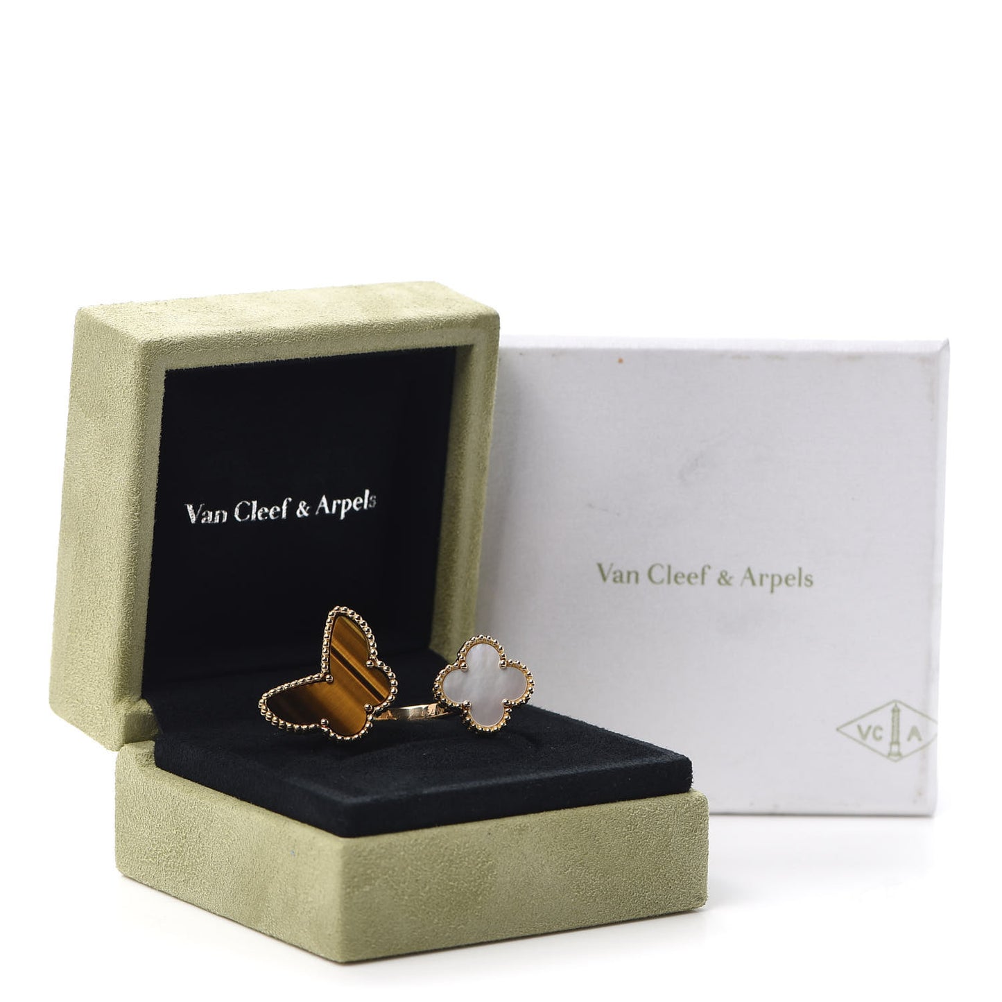 18K Yellow Gold Mother of Pearl Tiger Eye Lucky Alhambra Between the Finger Ring 54 6.75