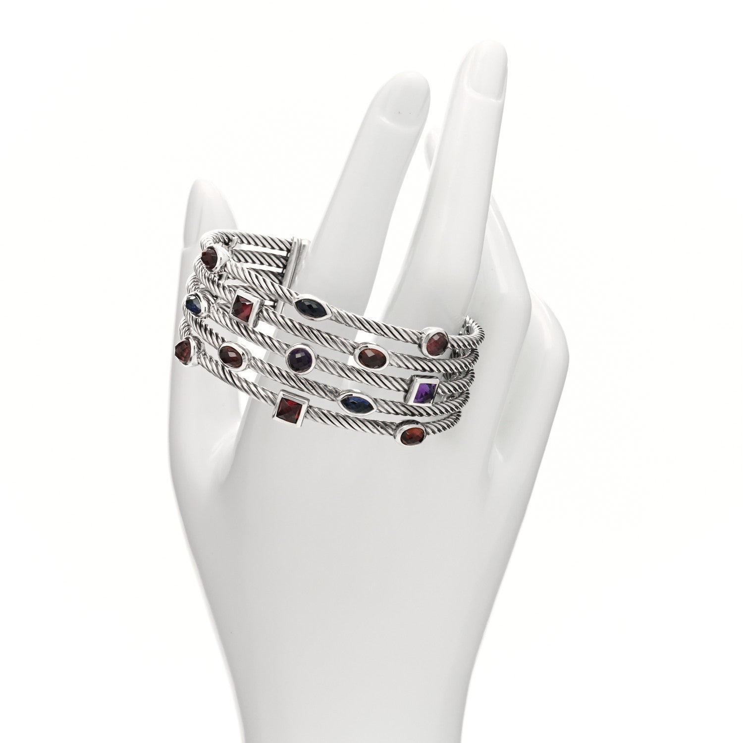 David Yurman Sterling Silver Garnet Iolite Amethyst Pink Tourmaline Confetti Five Row Bracelet 2 of 4