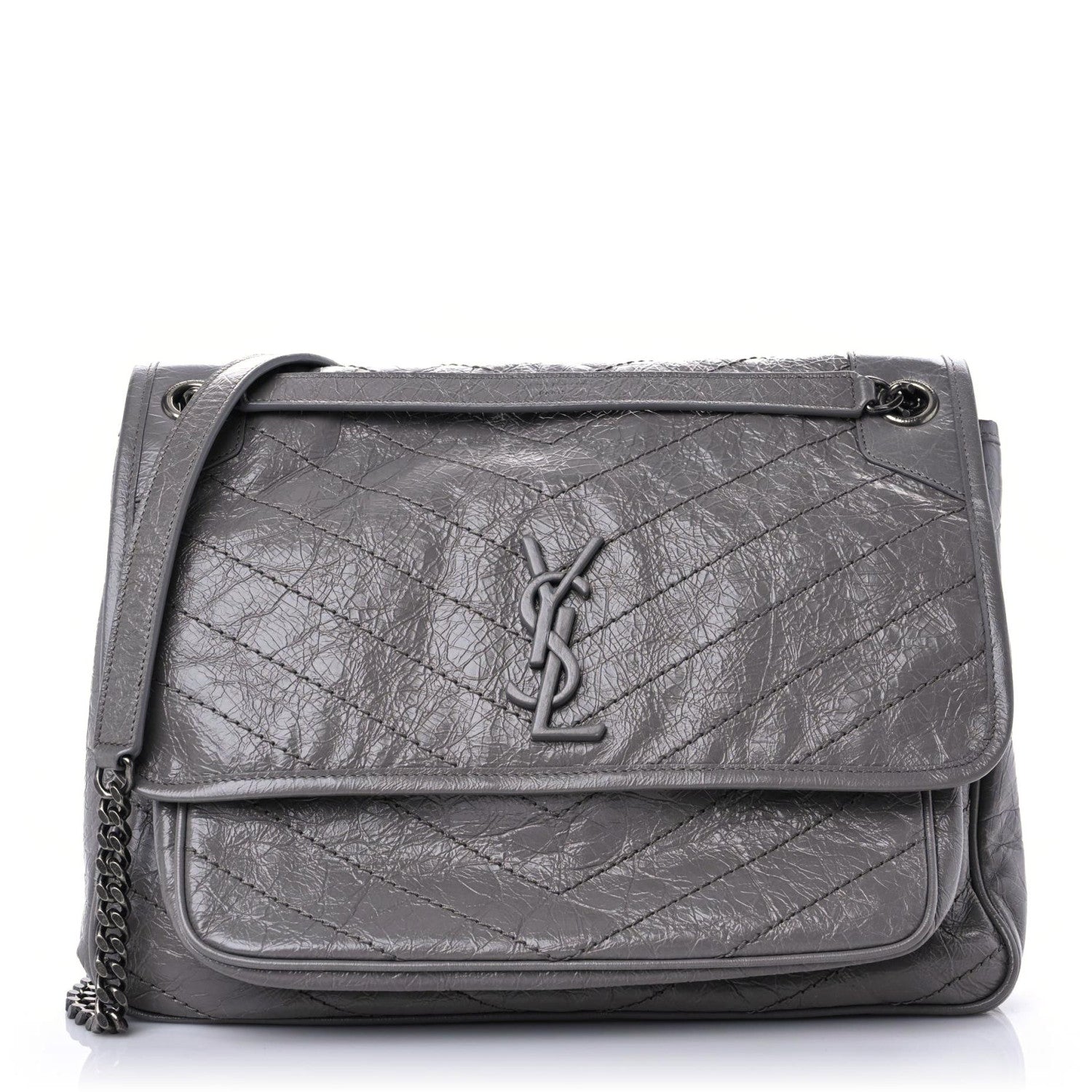 Saint Laurent Crinkled Calfskin Matelasse Monogram Large Niki Chain Satchel Fog 1 of 11