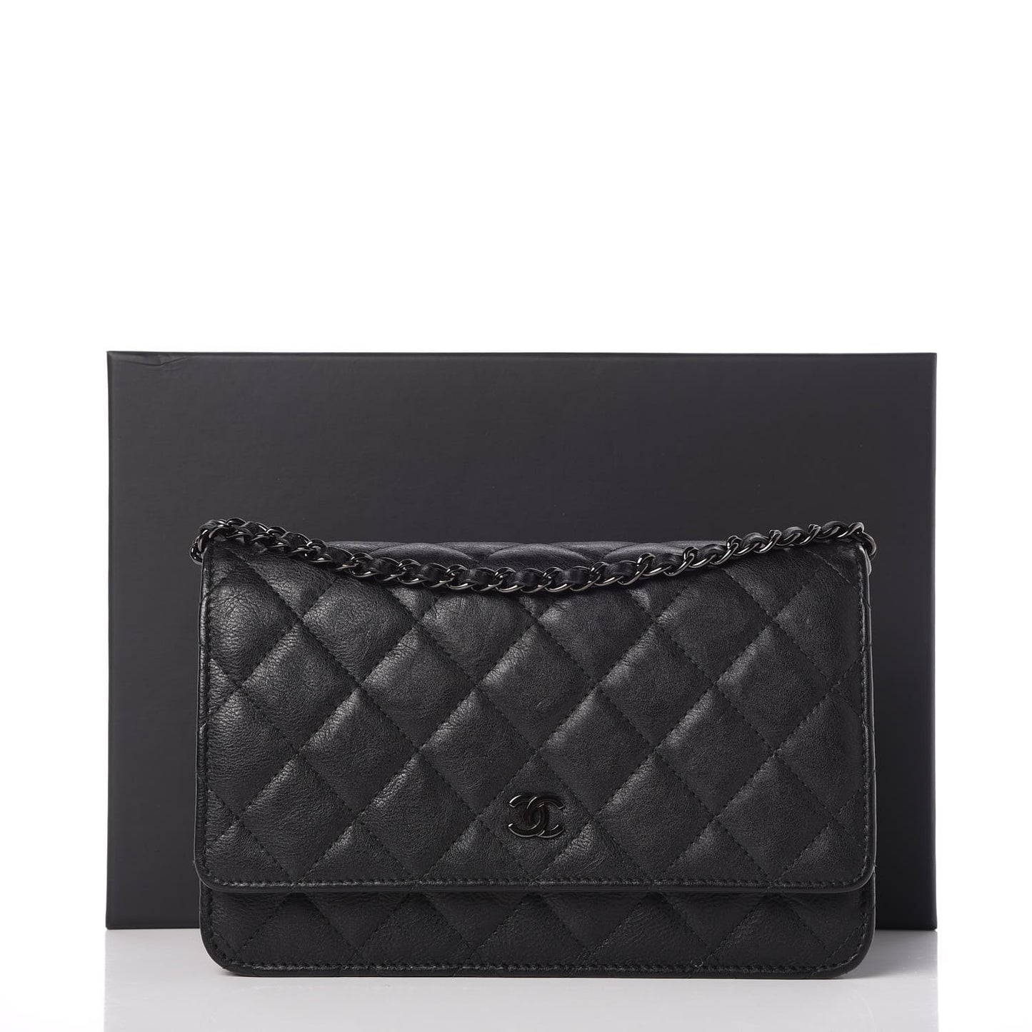 Crumpled Calfskin Quilted Wallet On Chain WOC So Black