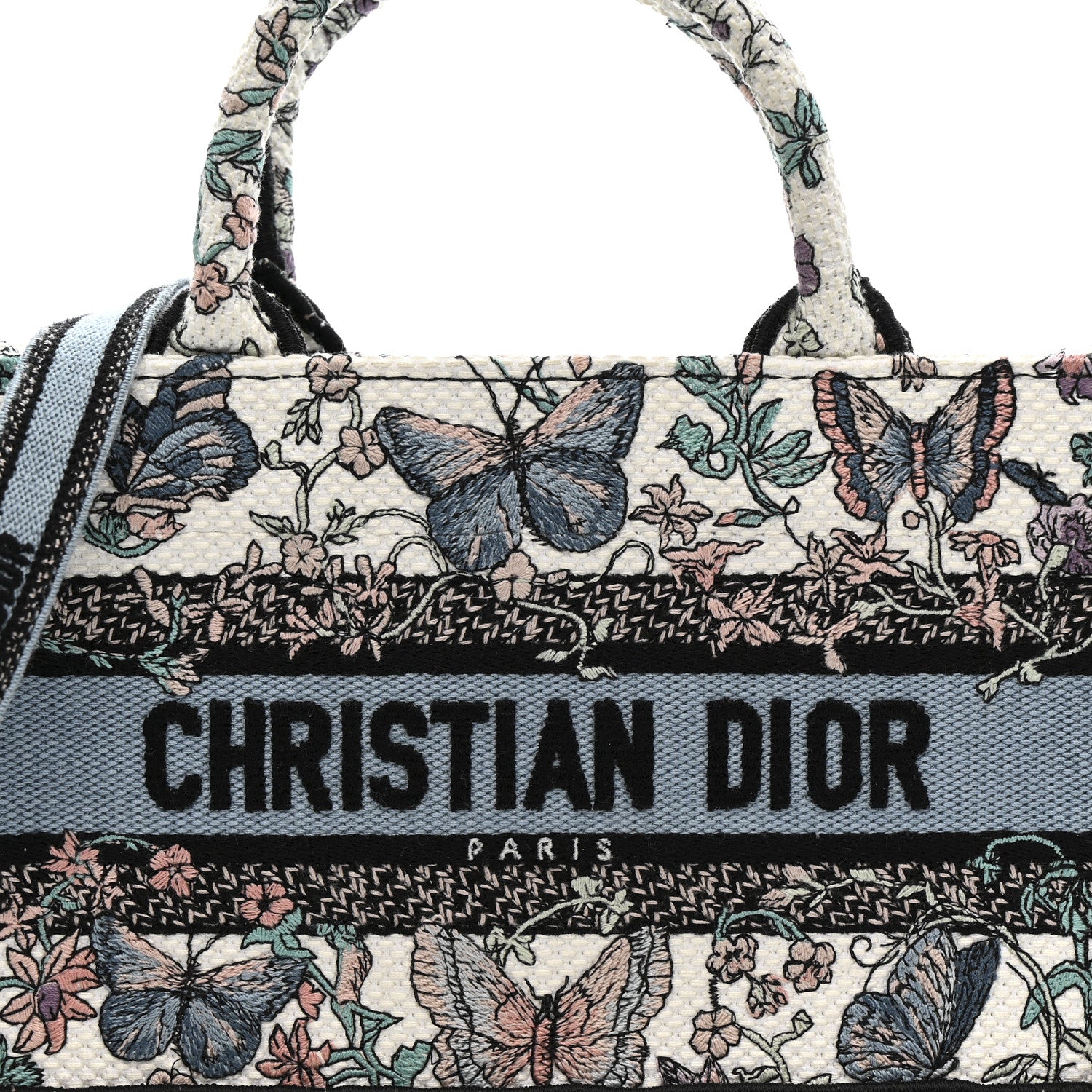 Christian Dior Canvas Embroidered Butterfly Mini Book Tote With Strap White Multicolor 8 of 15