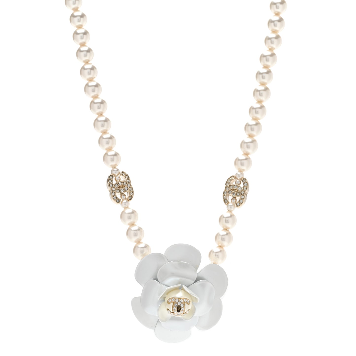 Pearl Crystal CC Camellia Choker Necklace Gold White