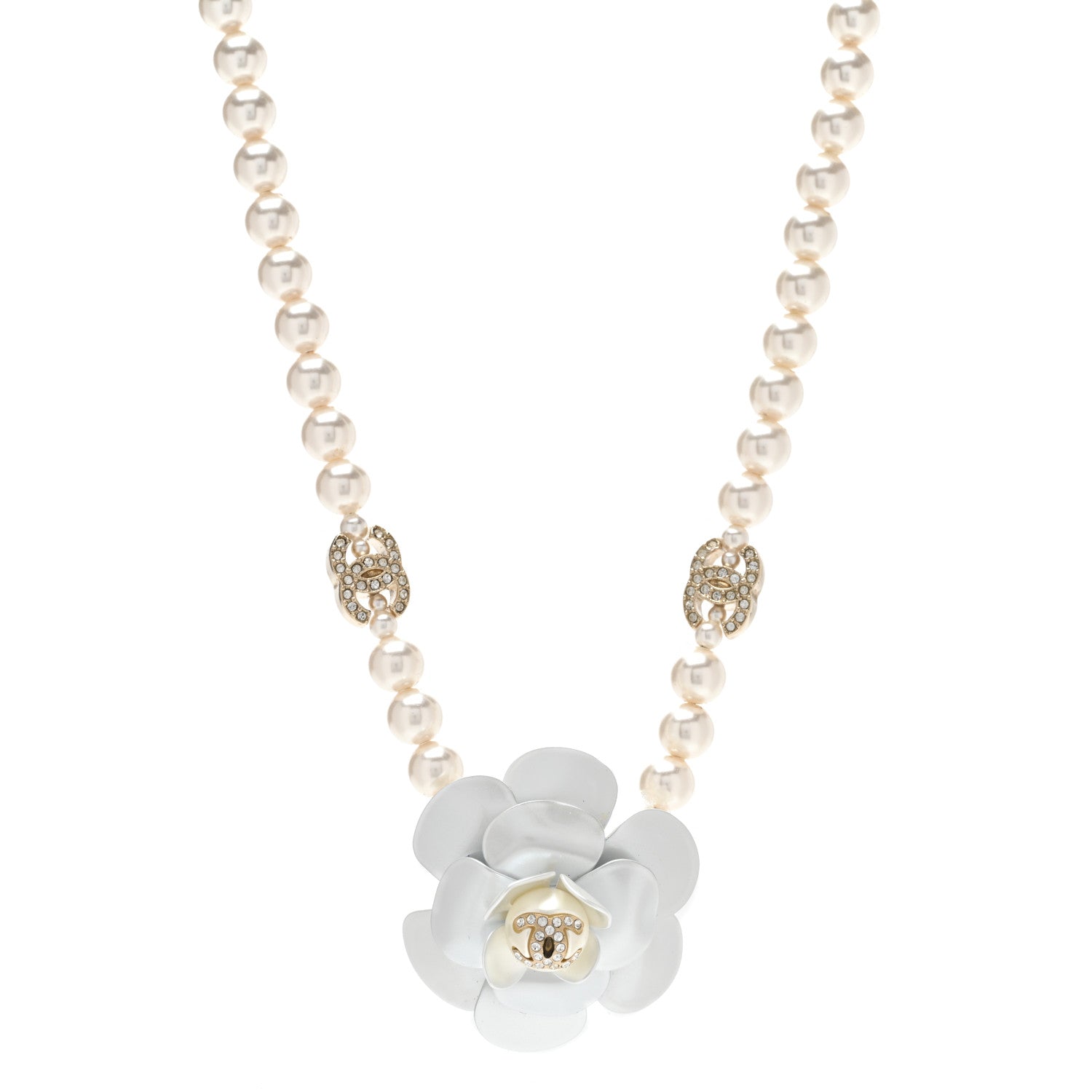 Chanel Pearl Crystal CC Camellia Choker Necklace Gold White 1 of 4