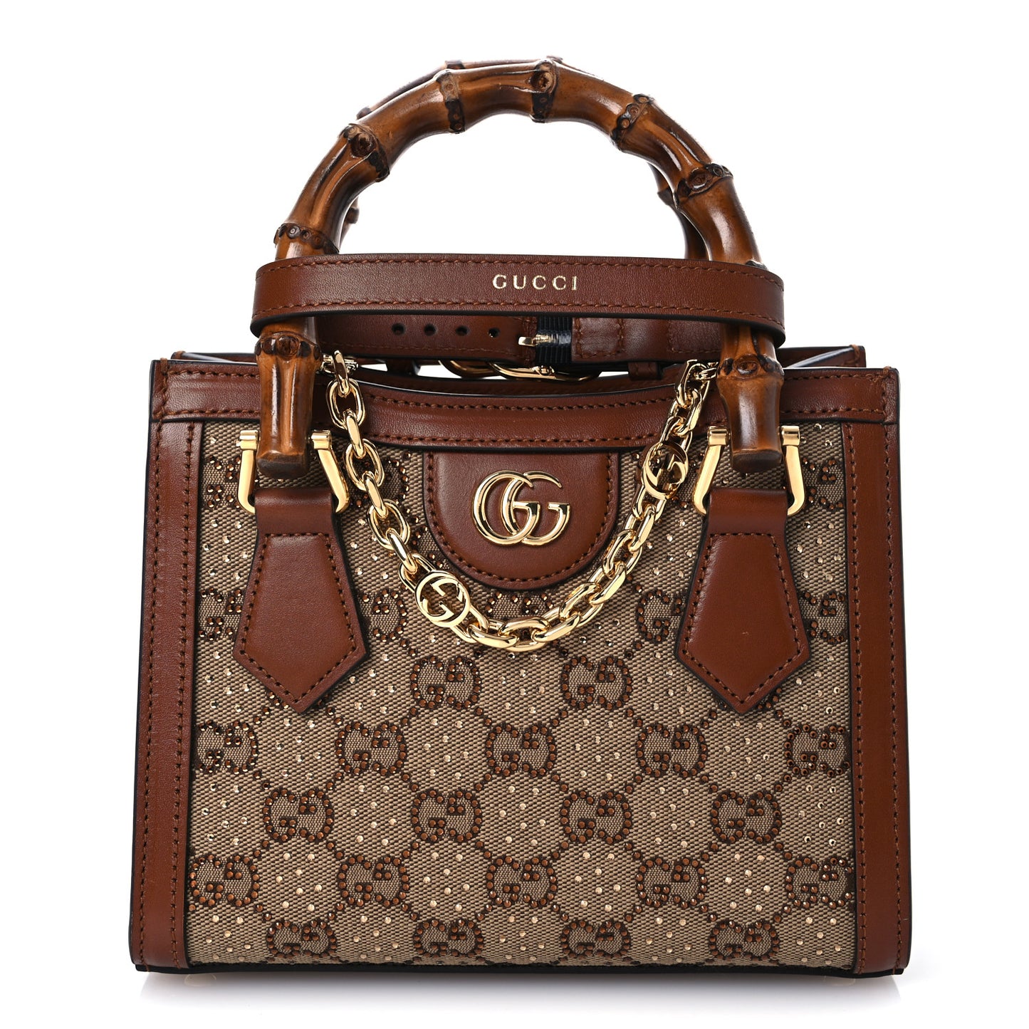 New Canvas Charisma Calfskin Crystal GG Monogram Mini Diana Tote Bag Camel Ebony