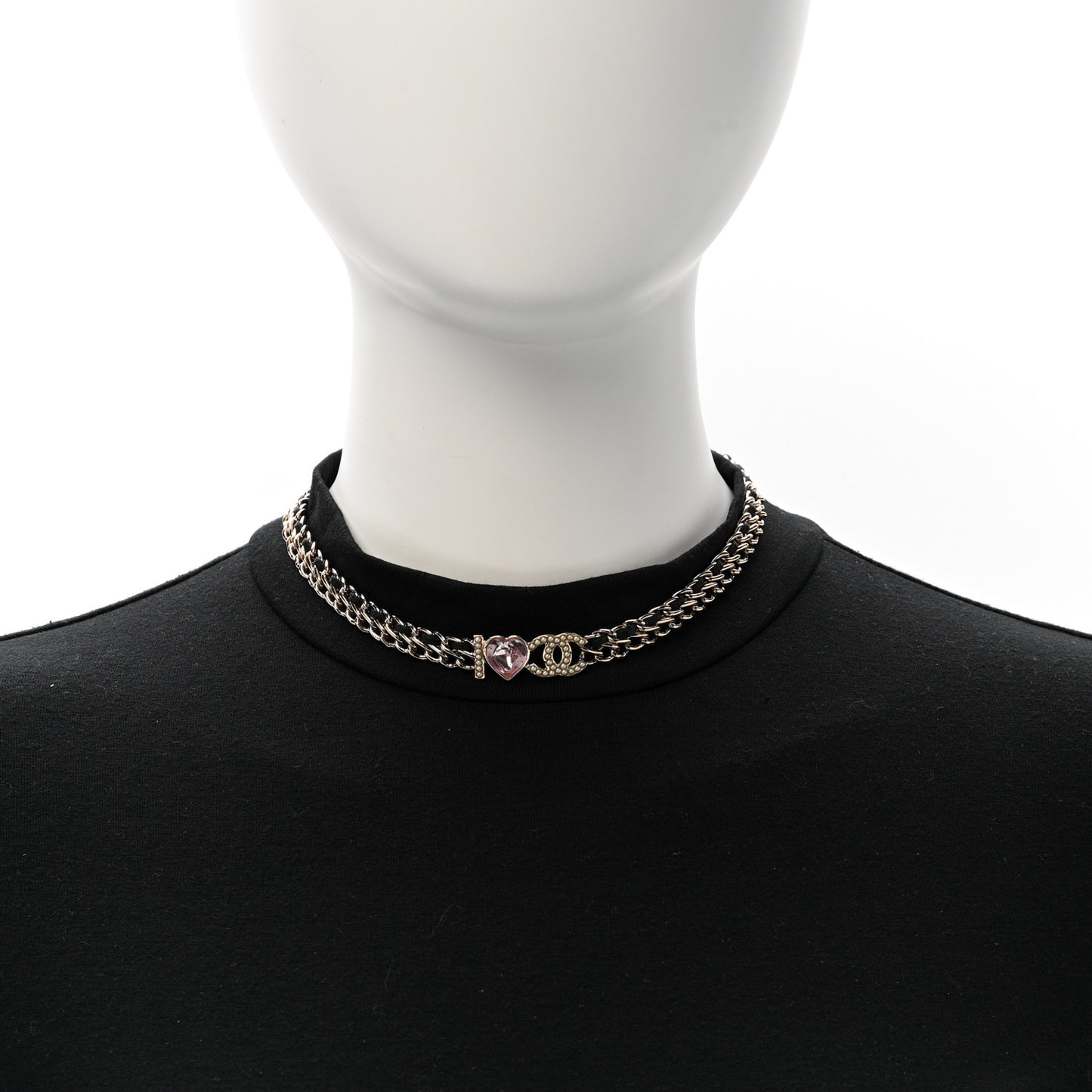 Metal Lambskin Crystal I Heart CC Choker Necklace Gold Black