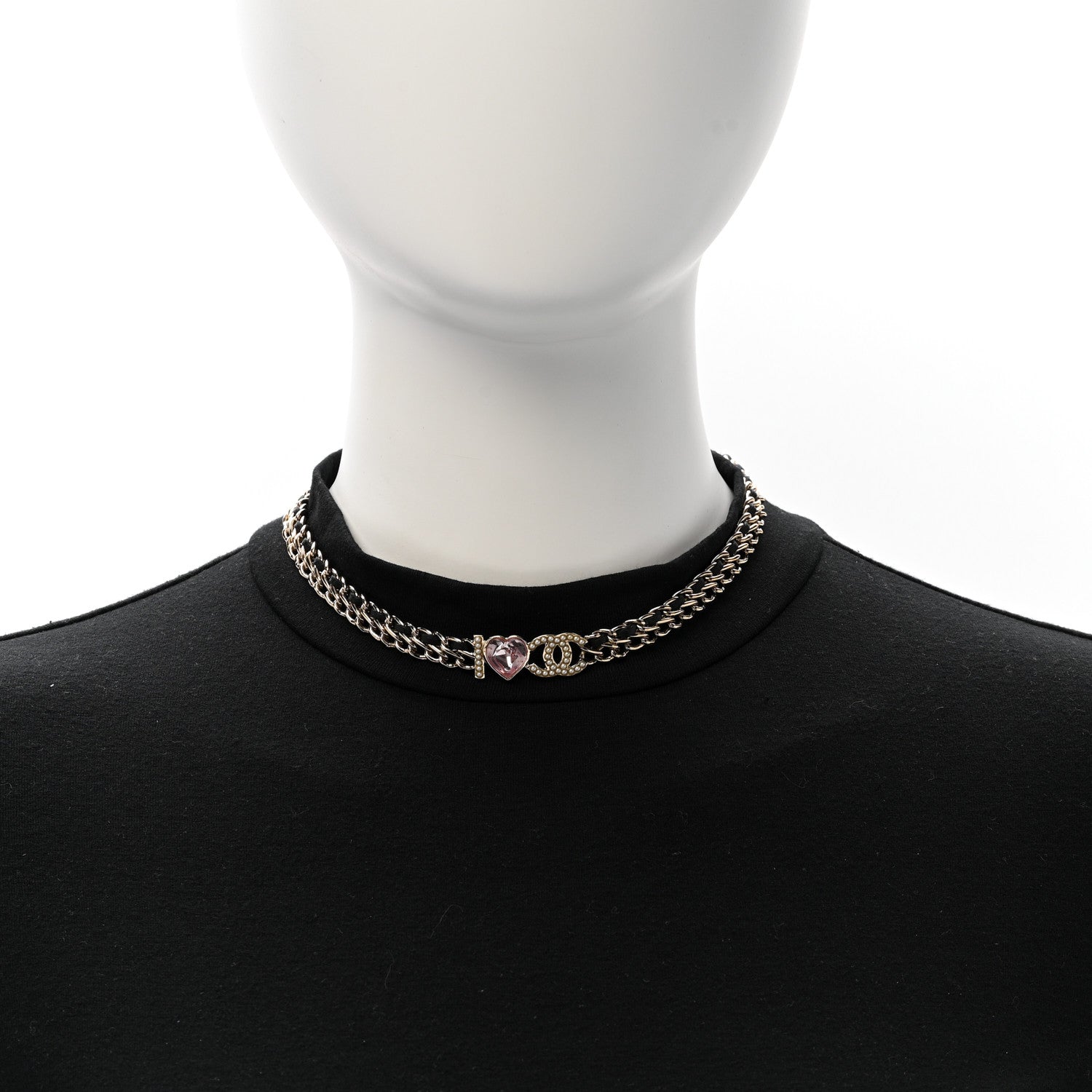 Chanel Metal Lambskin Crystal I Heart CC Choker Necklace Gold Black 2 of 6