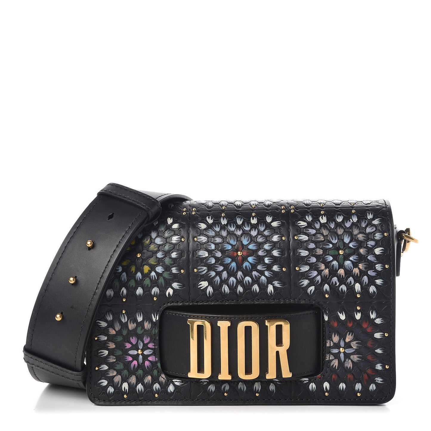Calfskin Studded Floral Dio(r)evolution Flap Bag Black