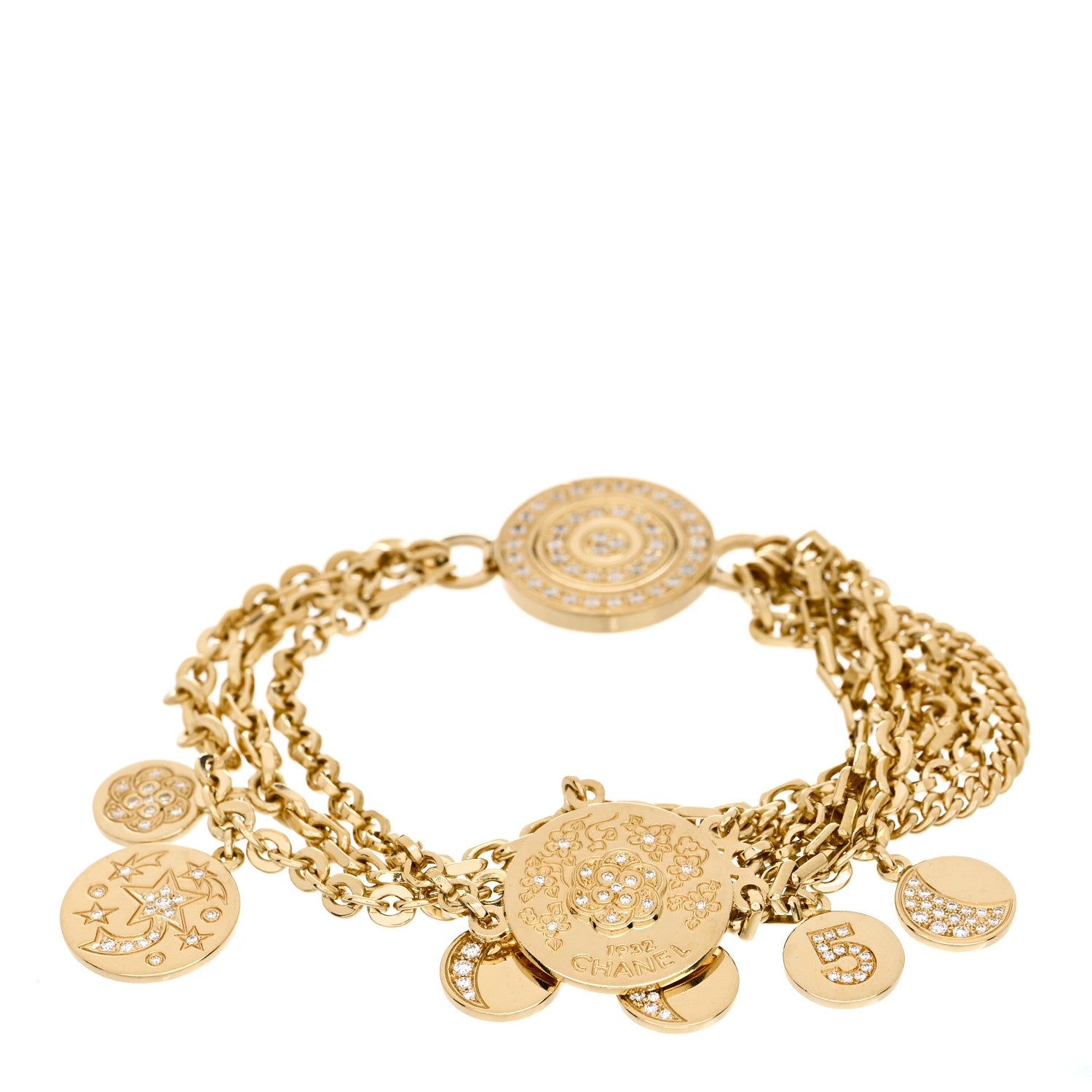 Chanel 18K Yellow Gold Diamond Comete Camelia Charm Bracelet 1 of 3