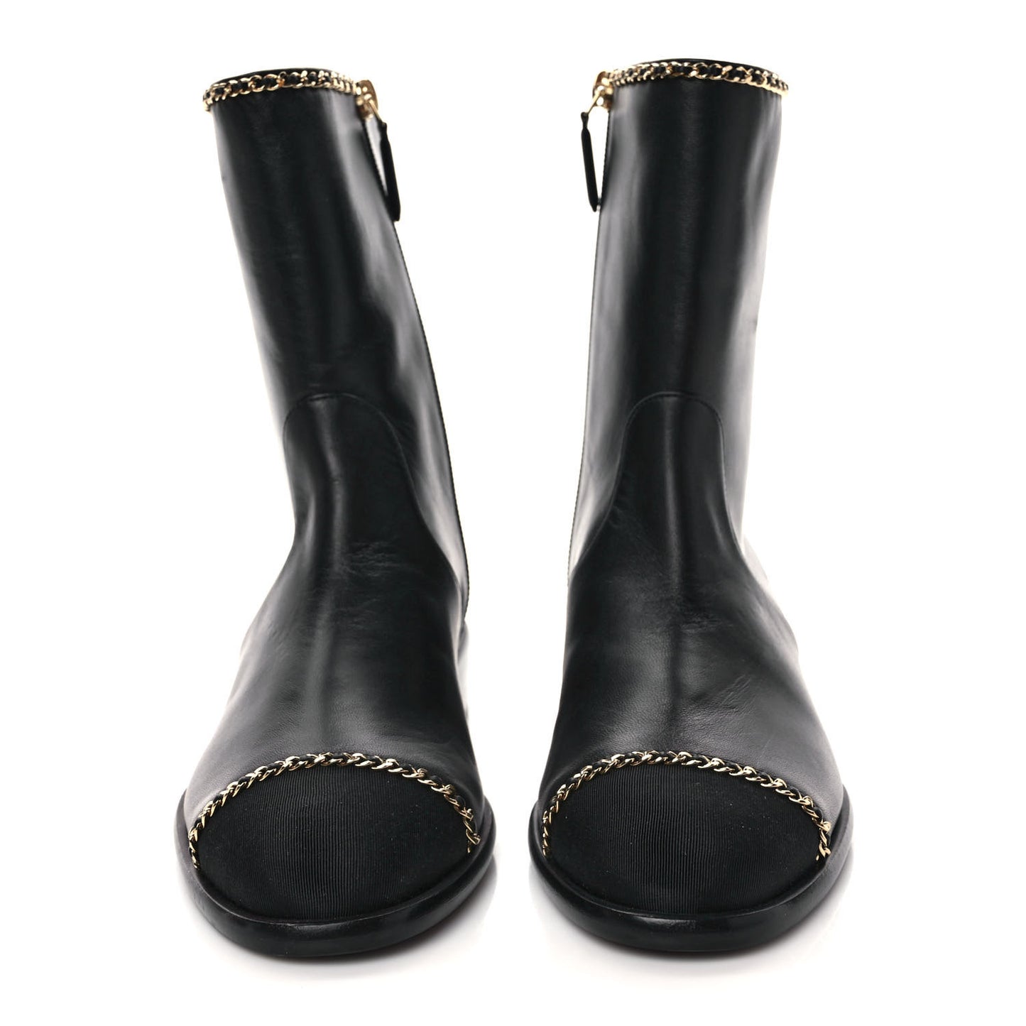 Lambskin Grosgrain Cap Toe Chain Short Boots 37 Black
