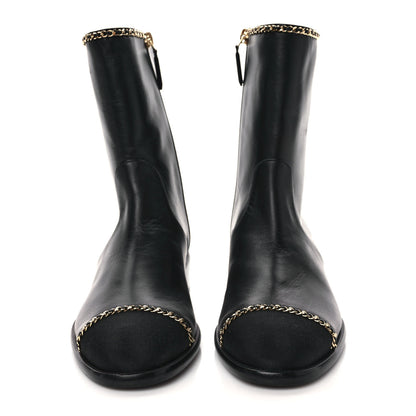 Chanel Lambskin Grosgrain Cap Toe Chain Short Boots 37 Black 2 of 8
