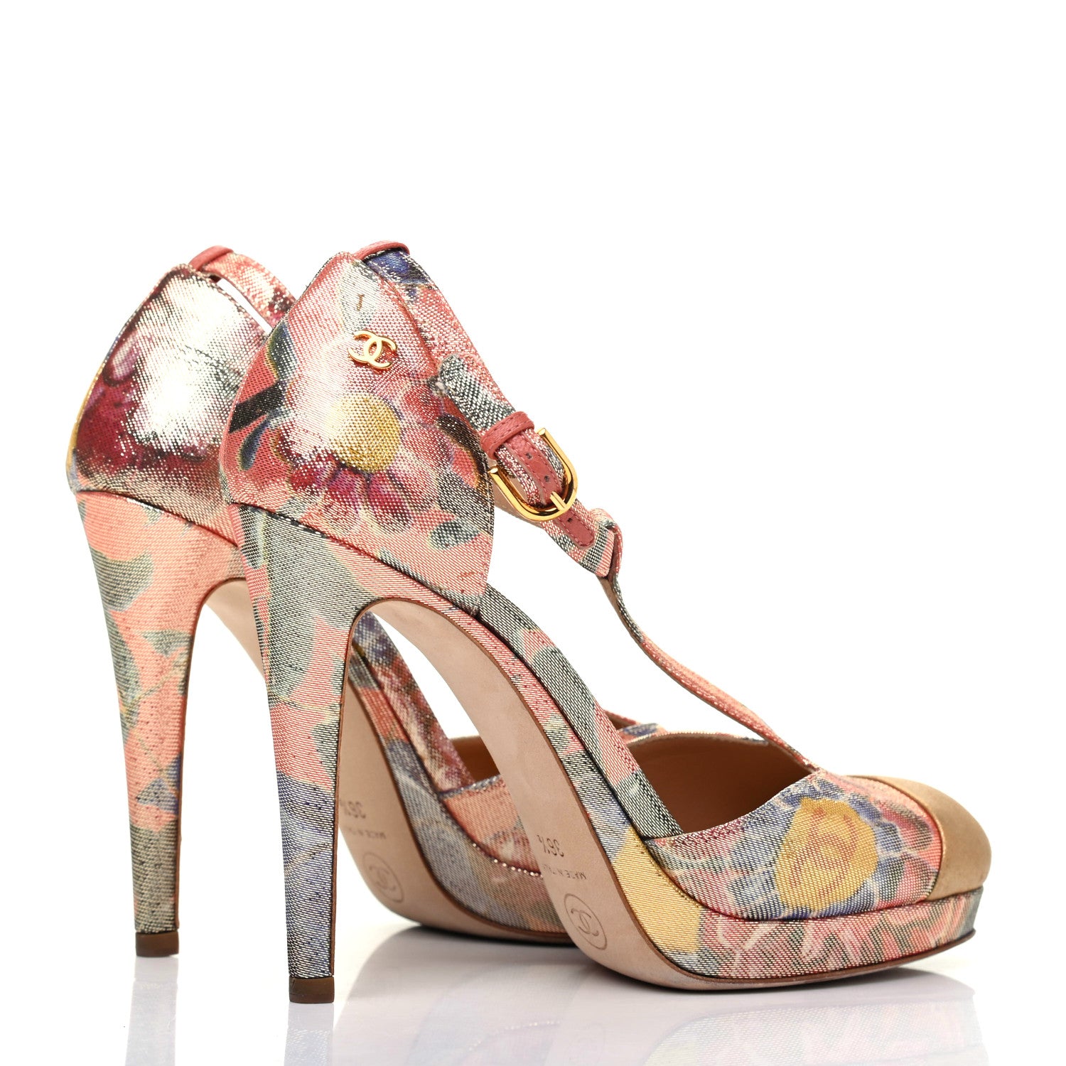 Chanel Crepe Calfskin Floral Printed Metallic Calfskin Cap Toe CC Ankle Strap Pumps 36.5 Coral Gold 4 of 13
