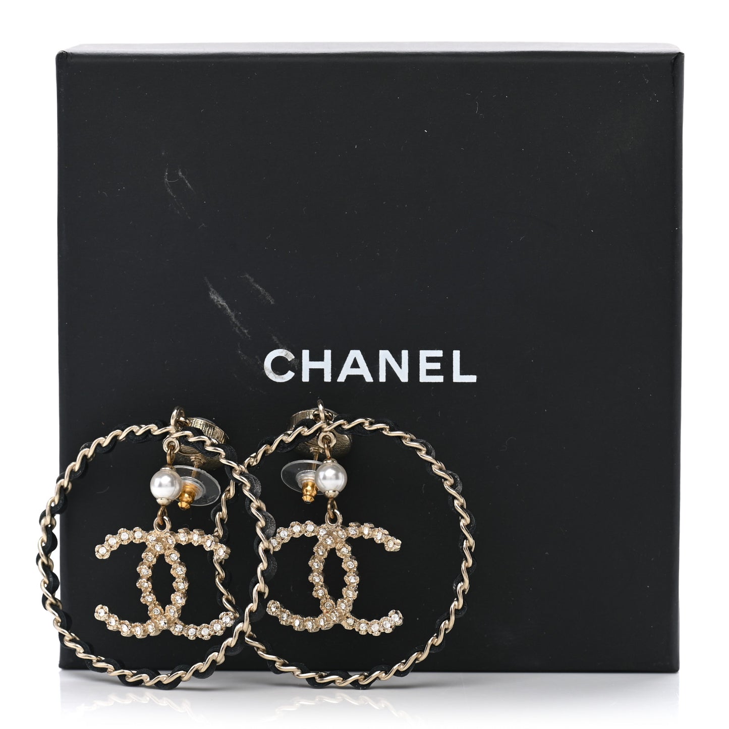 Lambskin Crystal Pearl CC Drop Earrings Gold Black