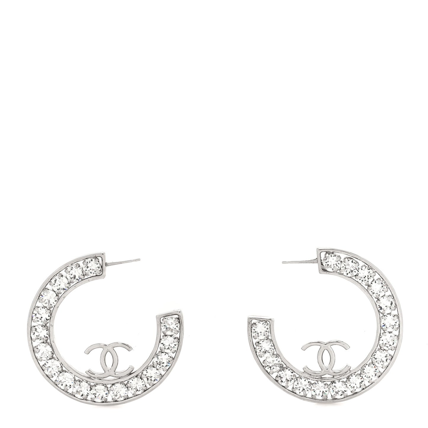 Metal Crystal CC XL Hoop Earrings Silver