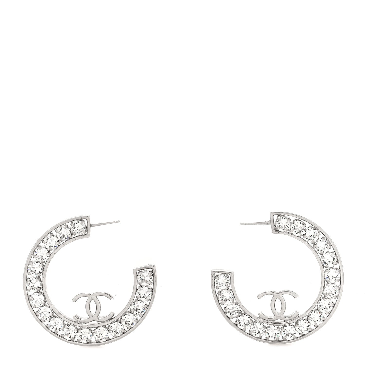 Chanel Metal Crystal CC XL Hoop Earrings Silver 1 of 4