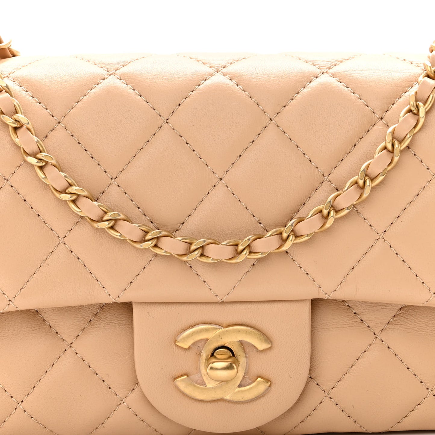 Lambskin Quilted Mini Rectangular Pearl Crush Flap Beige