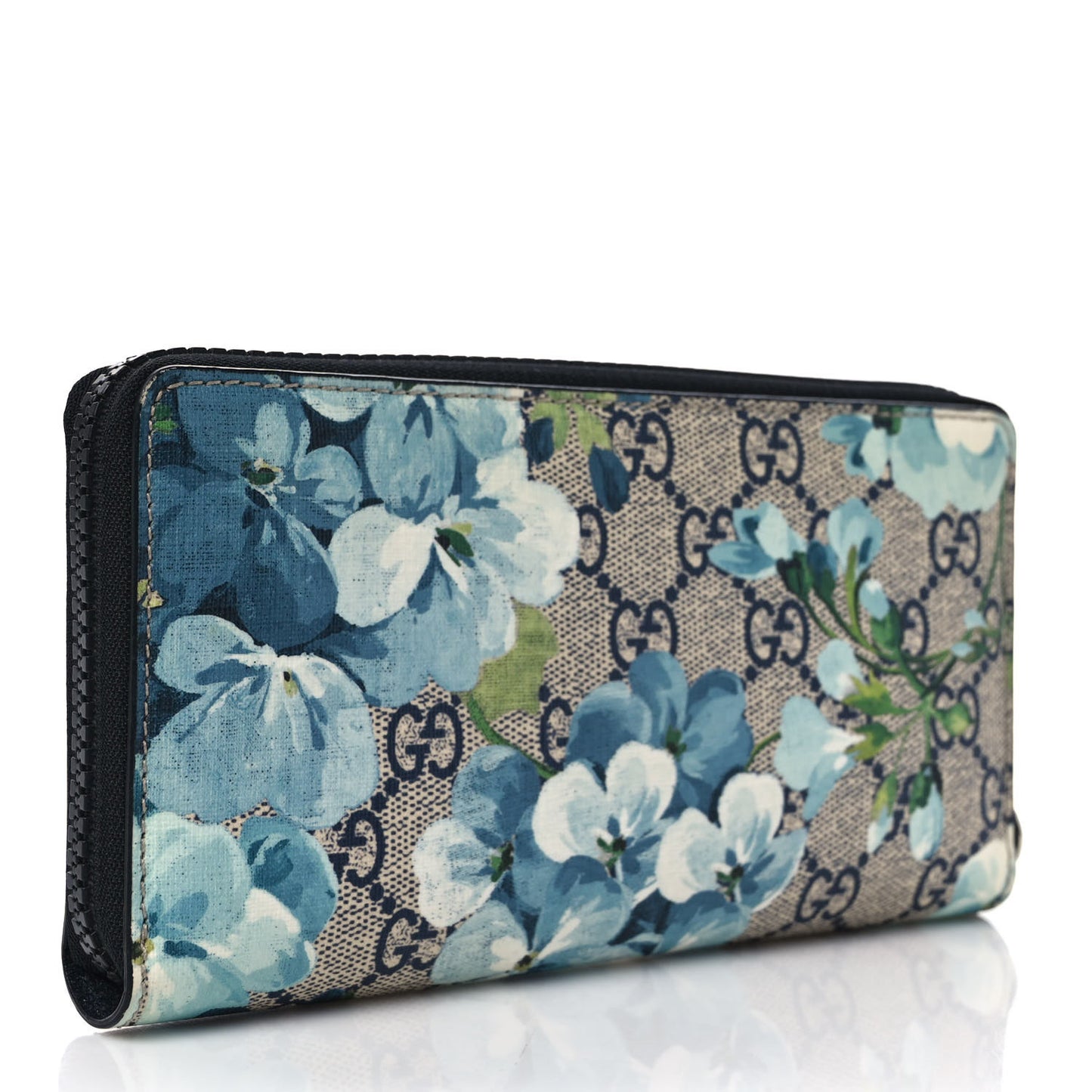 GG Supreme Monogram Blooms Zip Around Wallet Blue