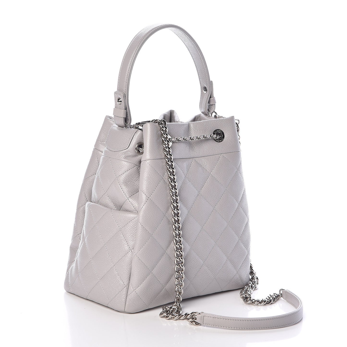 Grained Calfskin Quilted Medium CC Chain Bucket Drawstring Bag Light Grey