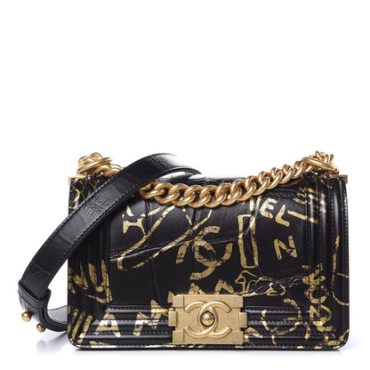 Chanel Calfskin Crocodile Embossed Graffiti Small Cocodile Boy Flap Black Gold 1 of 13