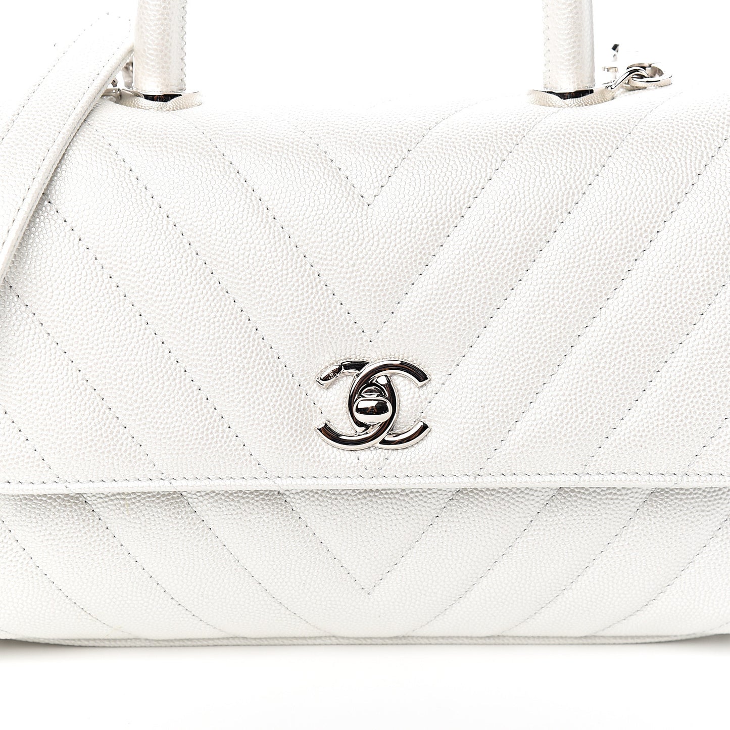 Iridescent Caviar Chevron Quilted Mini Coco Handle Flap White