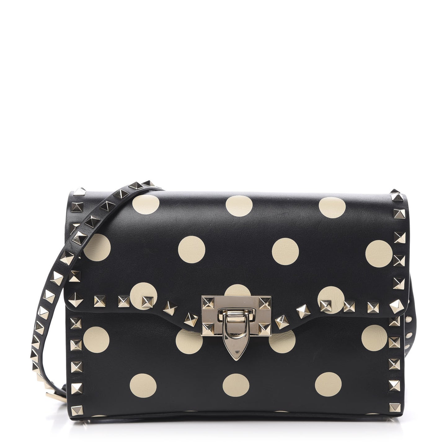 Vitello Polka Dot Medium Rockstud Flip Lock Crossbody Bag Black Light Ivory
