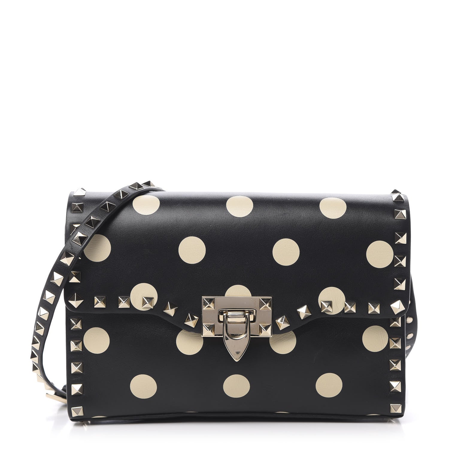 Valentino Garavani Vitello Polka Dot Medium Rockstud Flip Lock Crossbody Bag Black Light Ivory 1 of 14