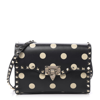 Valentino Garavani Vitello Polka Dot Medium Rockstud Flip Lock Crossbody Bag Black Light Ivory 1 of 14