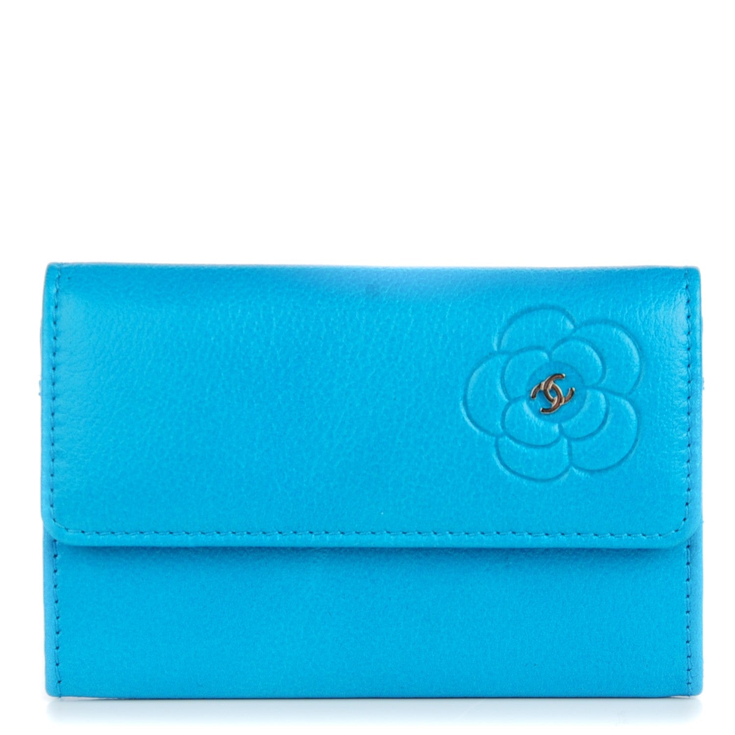 Chanel Goatskin Camellia Embossed Flap Card Holder Wallet Turquoise 1 of 7