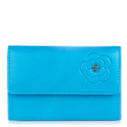Chanel Goatskin Camellia Embossed Flap Card Holder Wallet Turquoise 1 of 7