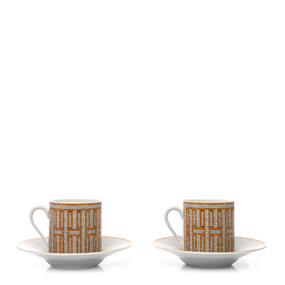 Hermes Porcelain Mosaique Au 24 Gold Coffee Cup and Saucer Set of 2 3 of 9