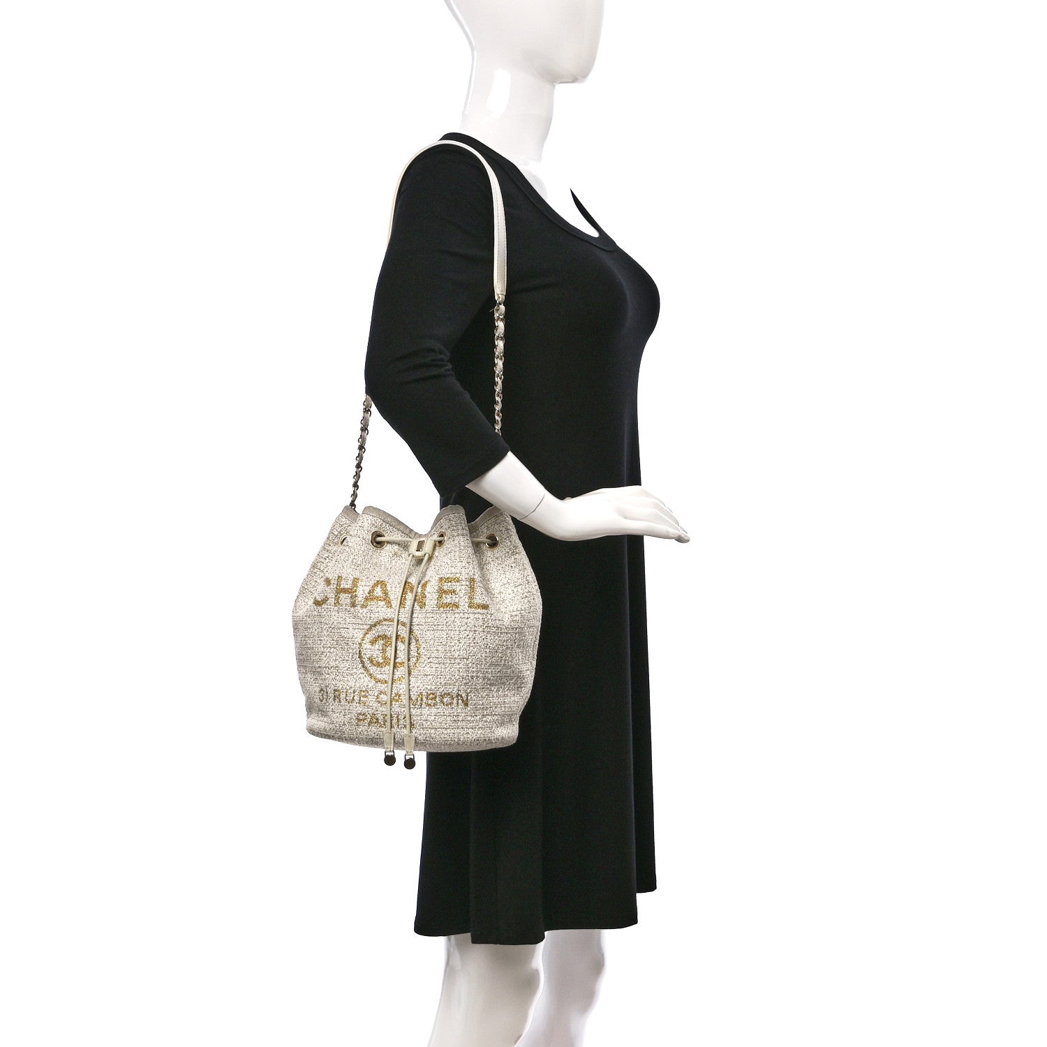 Chanel Lurex Boucle Deauville Drawstring Bucket Bag Ivory 2 of 14