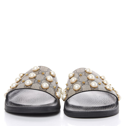Gucci GG Supreme Monogram Pearls Womens Slide Sandals 40 Beige 2 of 8