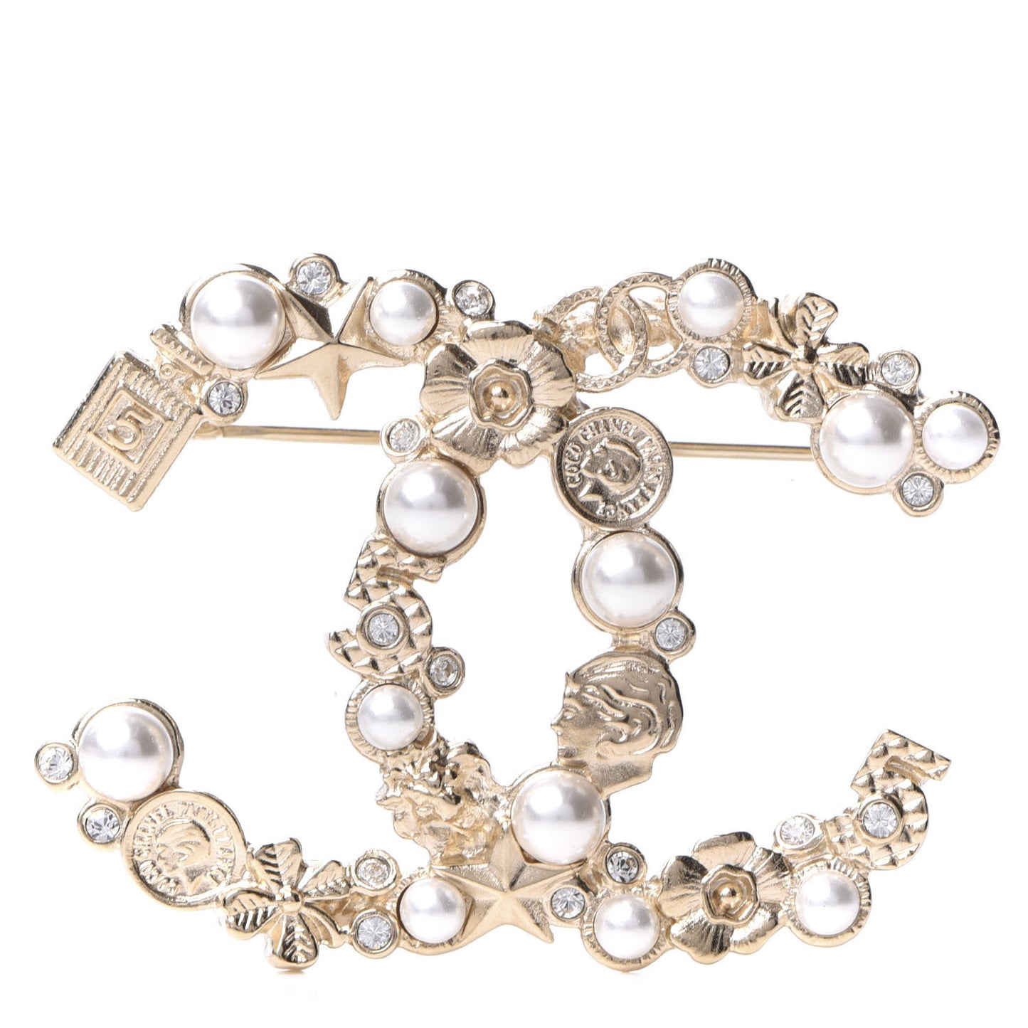 Crystal Pearl CC Charms Brooch Gold