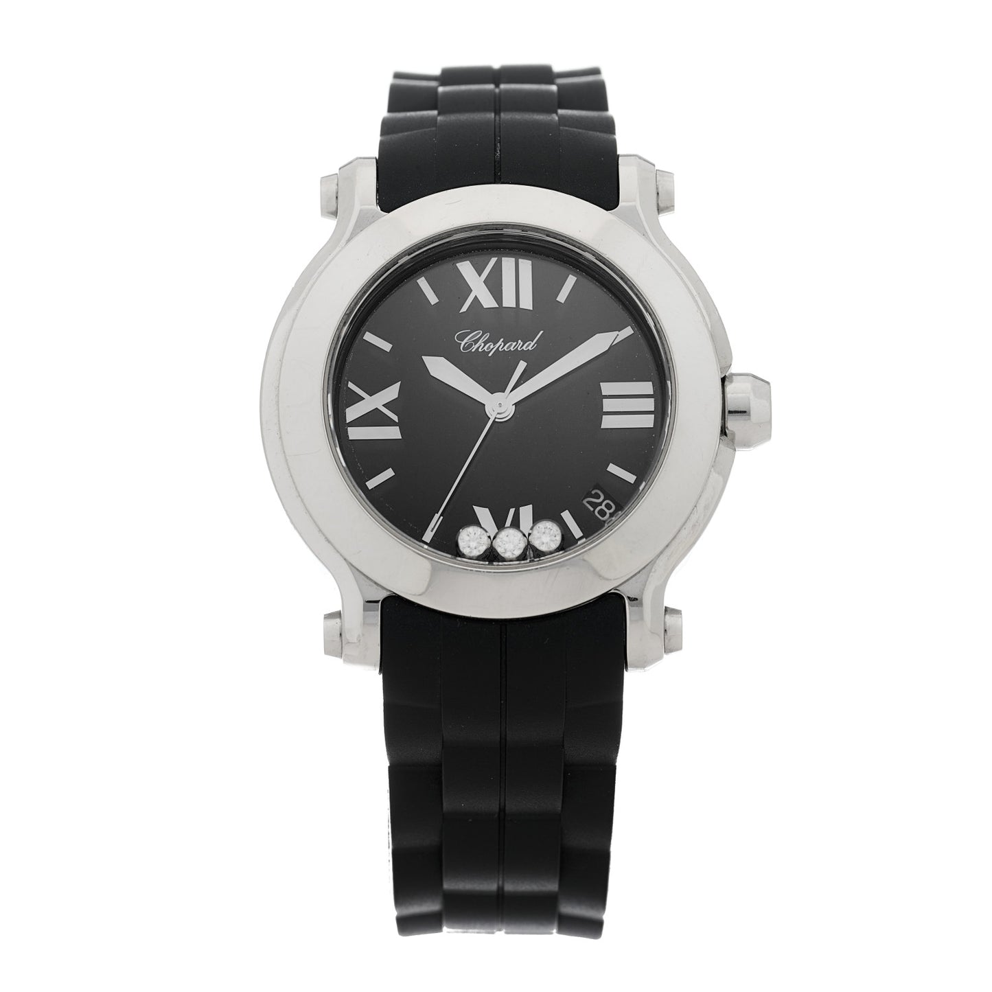 Stainless Steel Rubber 3 Diamond 36mm Happy Sport Quartz Watch Black