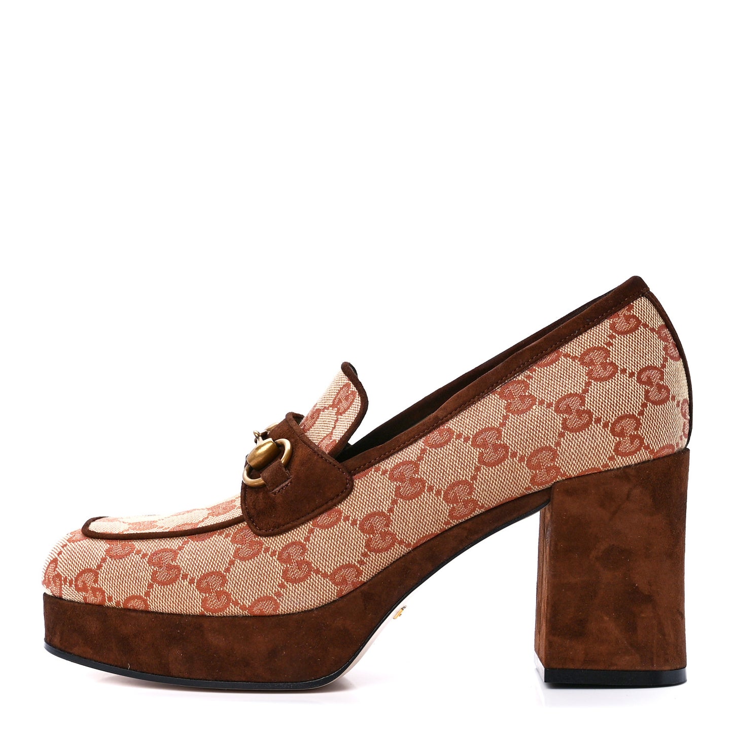 GG Monogram Suede Houdan Mid Heel Platform Loafers 39 Beige Ruggine Maroon