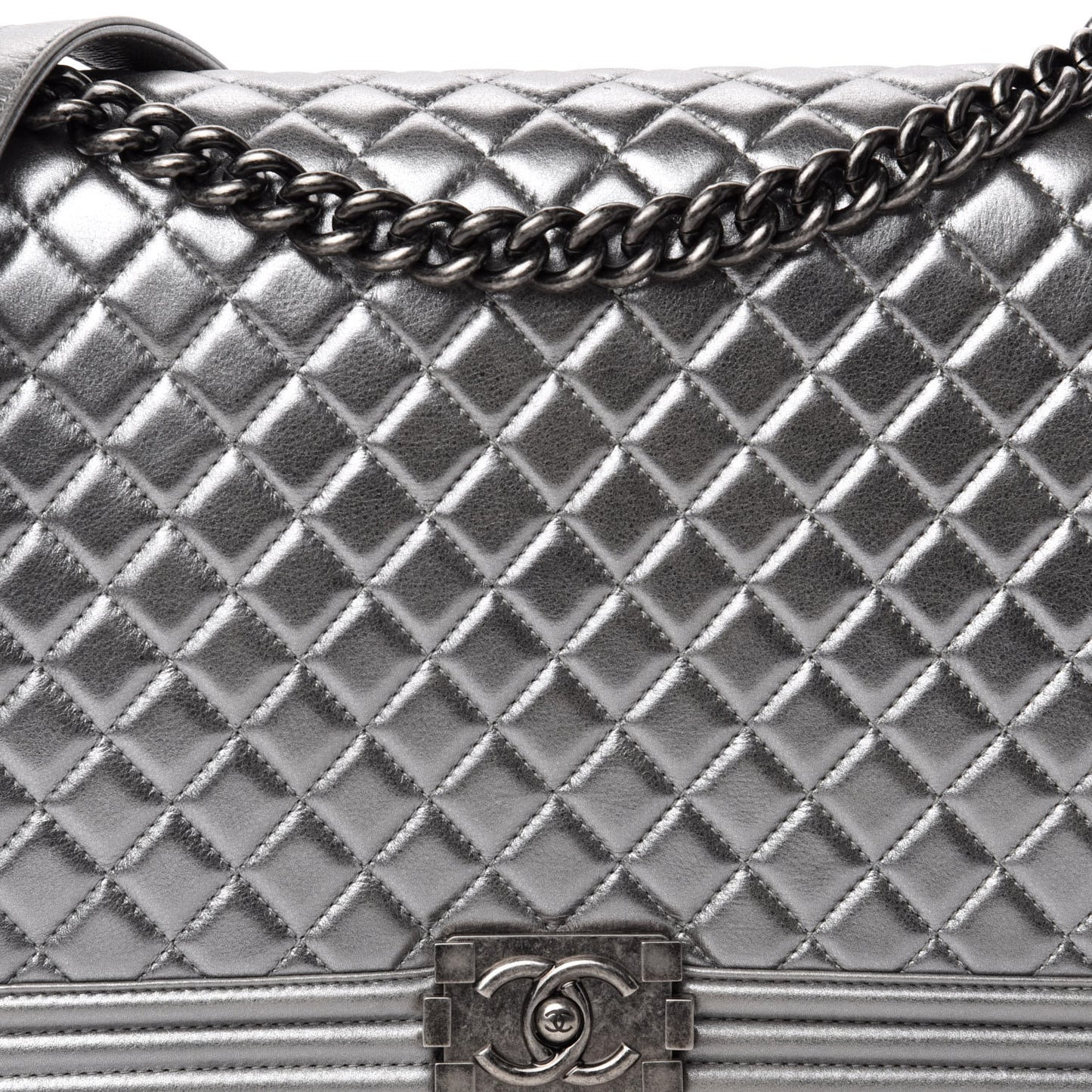 Metallic Calfskin Quilted Large Boy Flap Silver