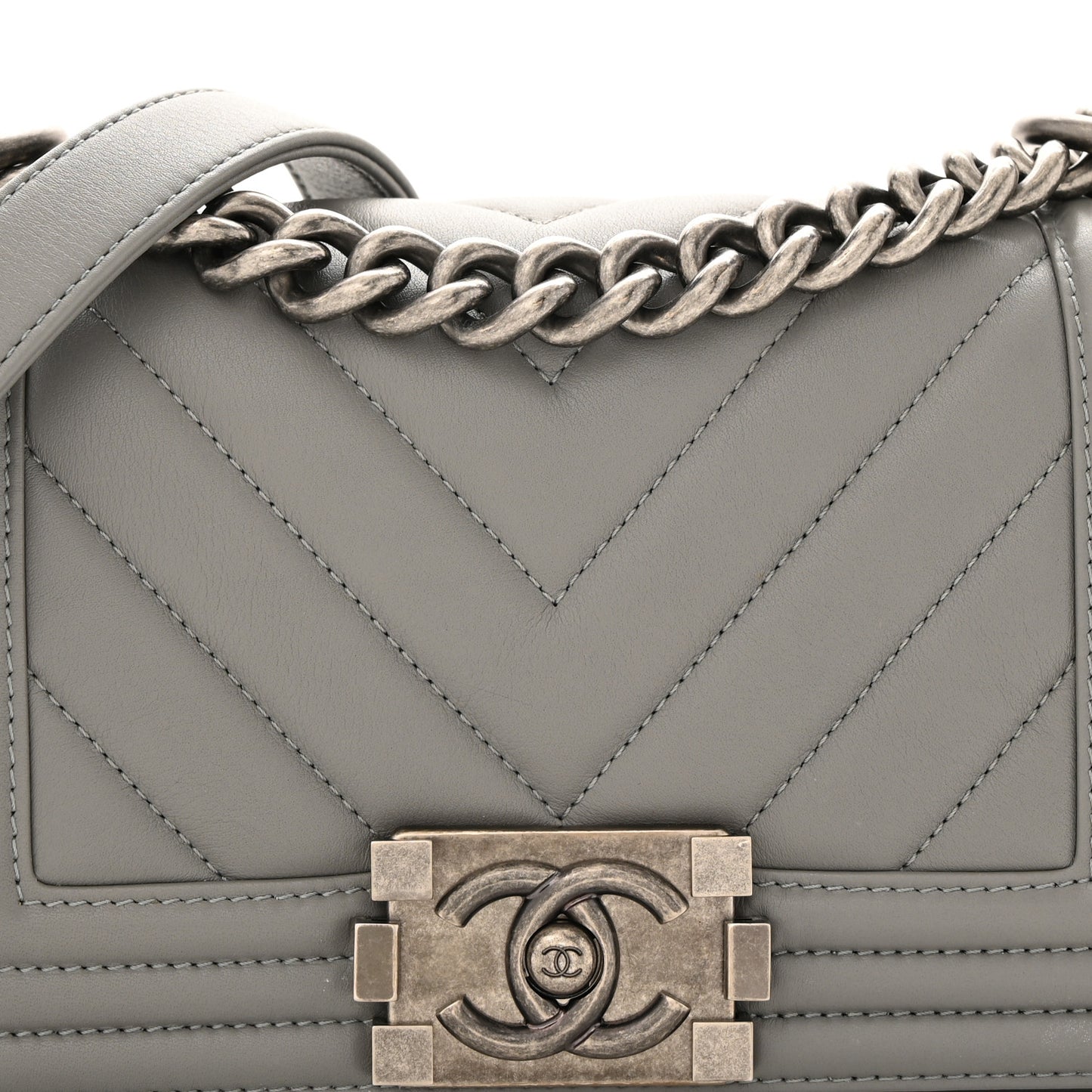 Calfskin Chevron Quilted Small Boy Flap Grey