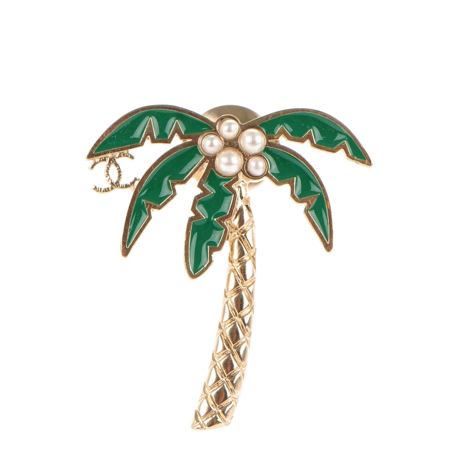 Enamel Pearl Palm Tree Brooch Green Gold