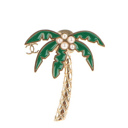 Chanel Enamel Pearl Palm Tree Brooch Green Gold 1 of 4