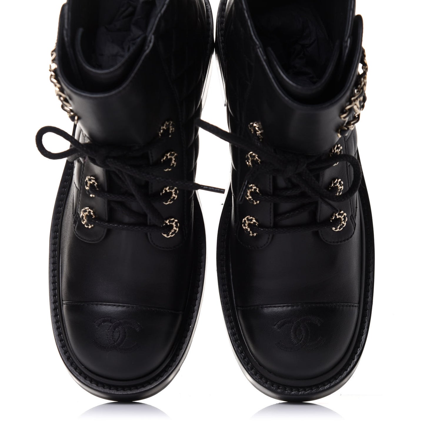 Shiny Lambskin Quilted Lace Up Combat Boots 39.5 Black